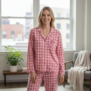 Victoria Secret Plaid Pajama Set Womans SZ Medium 100% COTTON Pink White Orange